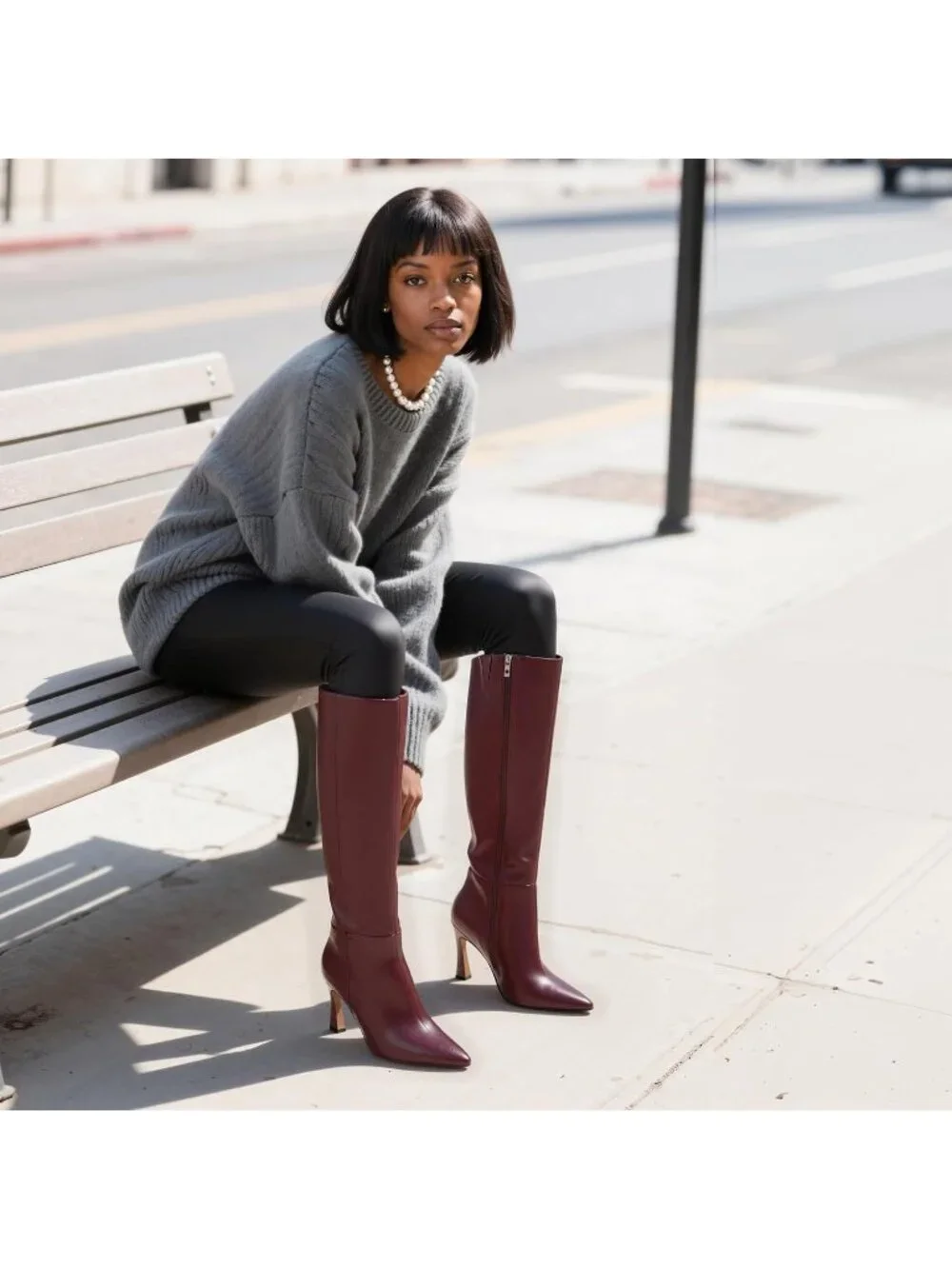 Women's Burgundy Faux Leather Square Toe Side Zipper Fashion Heeled Tall Boots